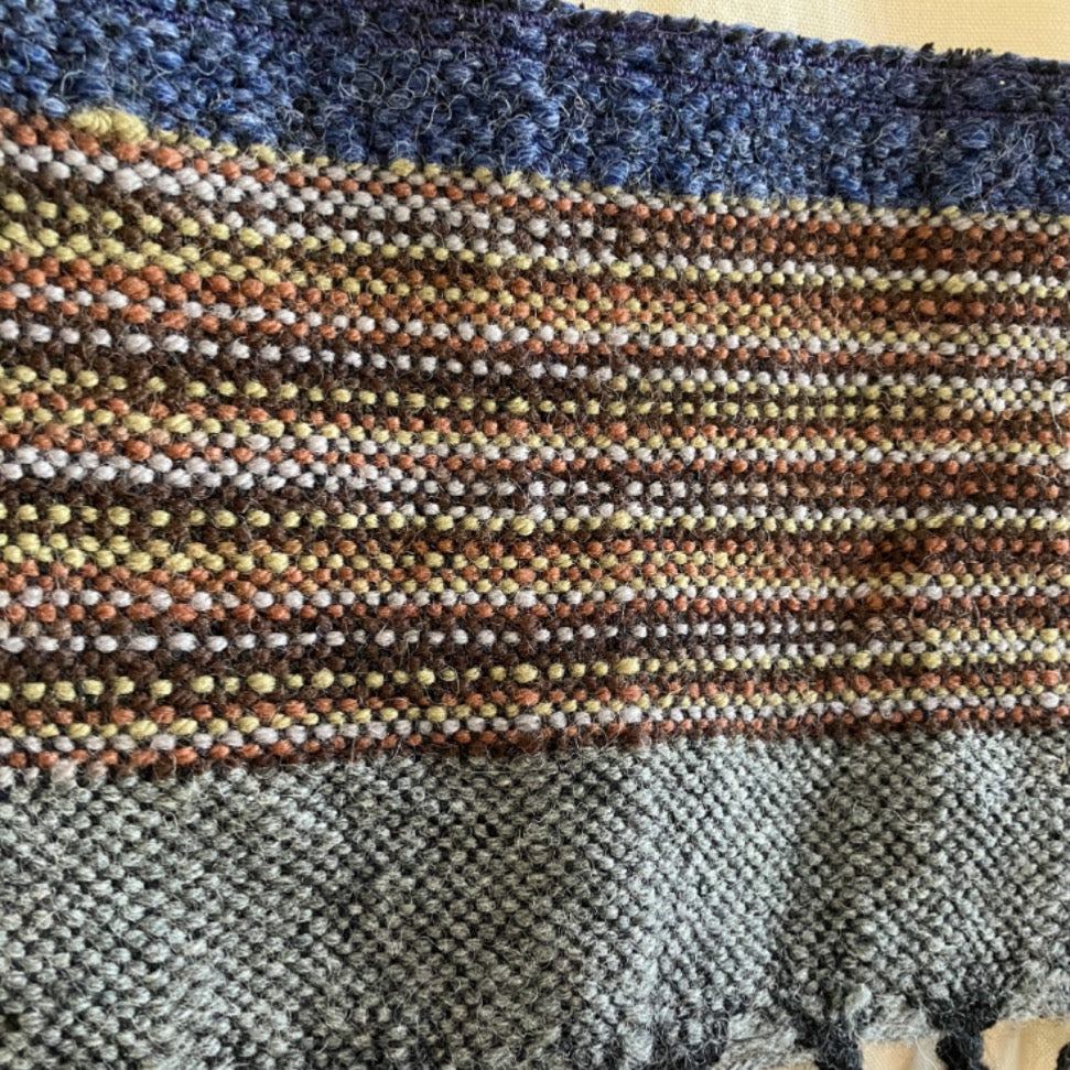 Close up of blue and grey wool embellishment