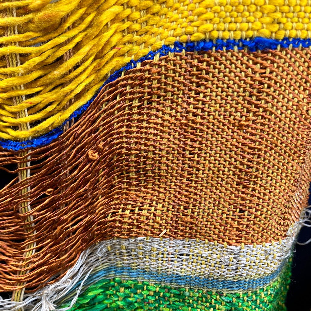 Close up of green, yellow, blue, copper