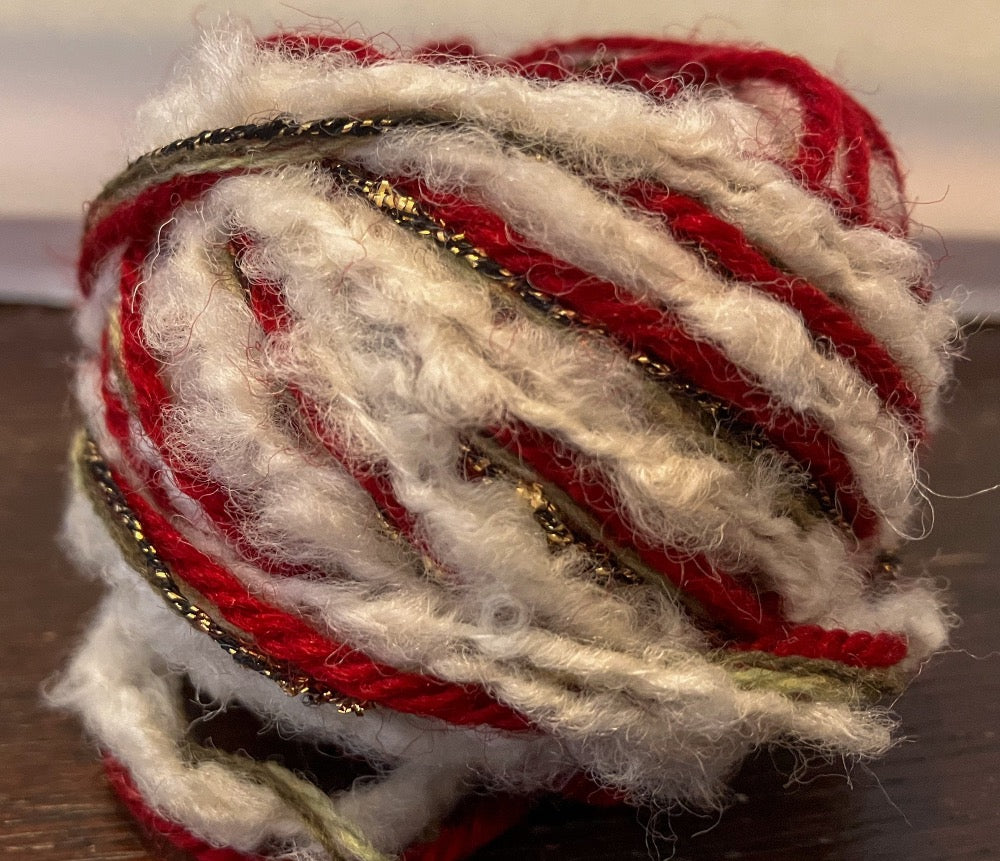Red, white, sparkly mixed fiber yarn