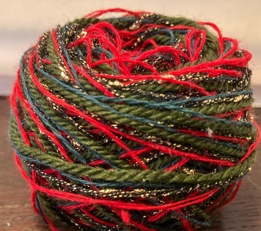 Red, green, sparkly mixed fiber yarn